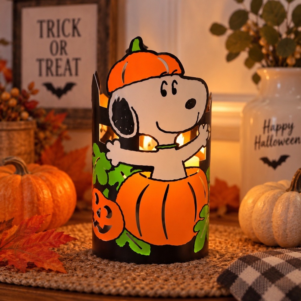 Peanuts Snoopy Metal Candle Holder Sleeve Black Orange Halloween Pumpkin 10 Inch